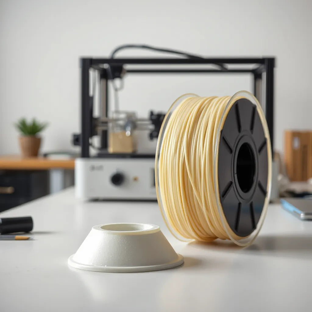 Spool of premium PETG filament beside a smooth 3D-printed part on a clean workbench