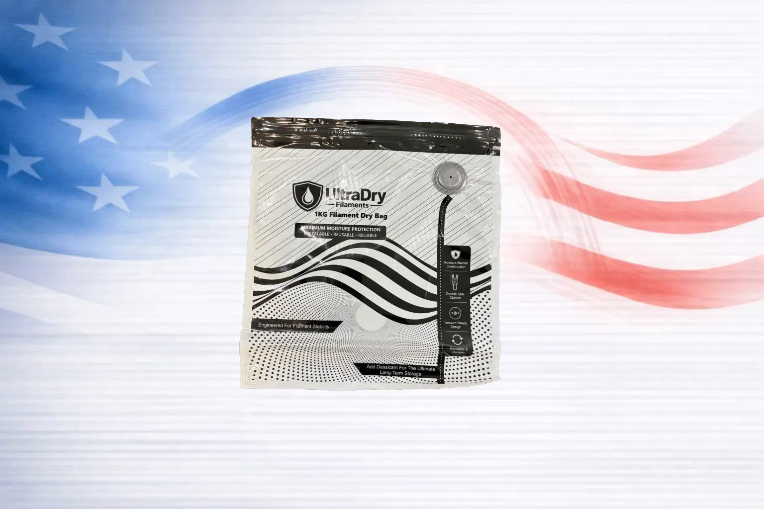 A premium UltraDry 1KG Filament vacuum seal Dry Bag shown against a stylized American flag background with red, white, and blue wavy stripes.