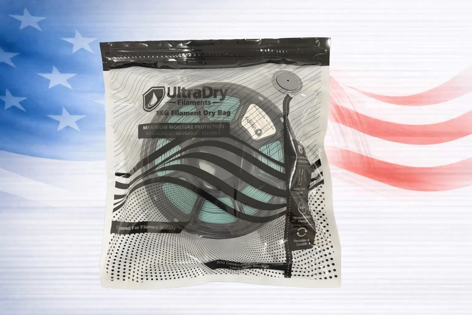 UltraDry 1KG Filament Dry Bag in use, shown against a stylized American flag background.