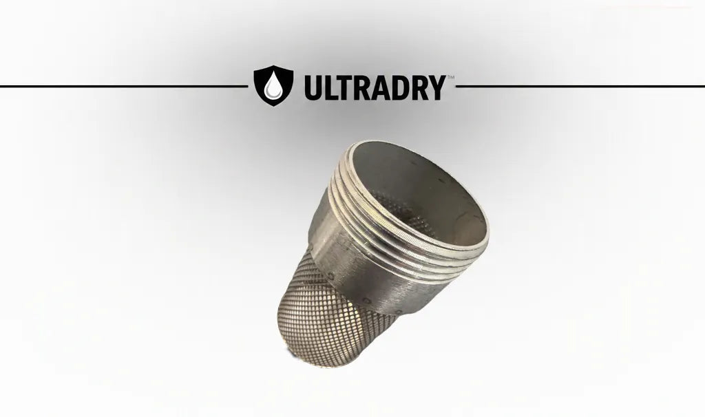 A high durability stainless steel 8mm mesh filter, empty, designed to allow for use of desiccants, shown floating on a light gray background with the ULTRADRY brand name and logo at the top.
