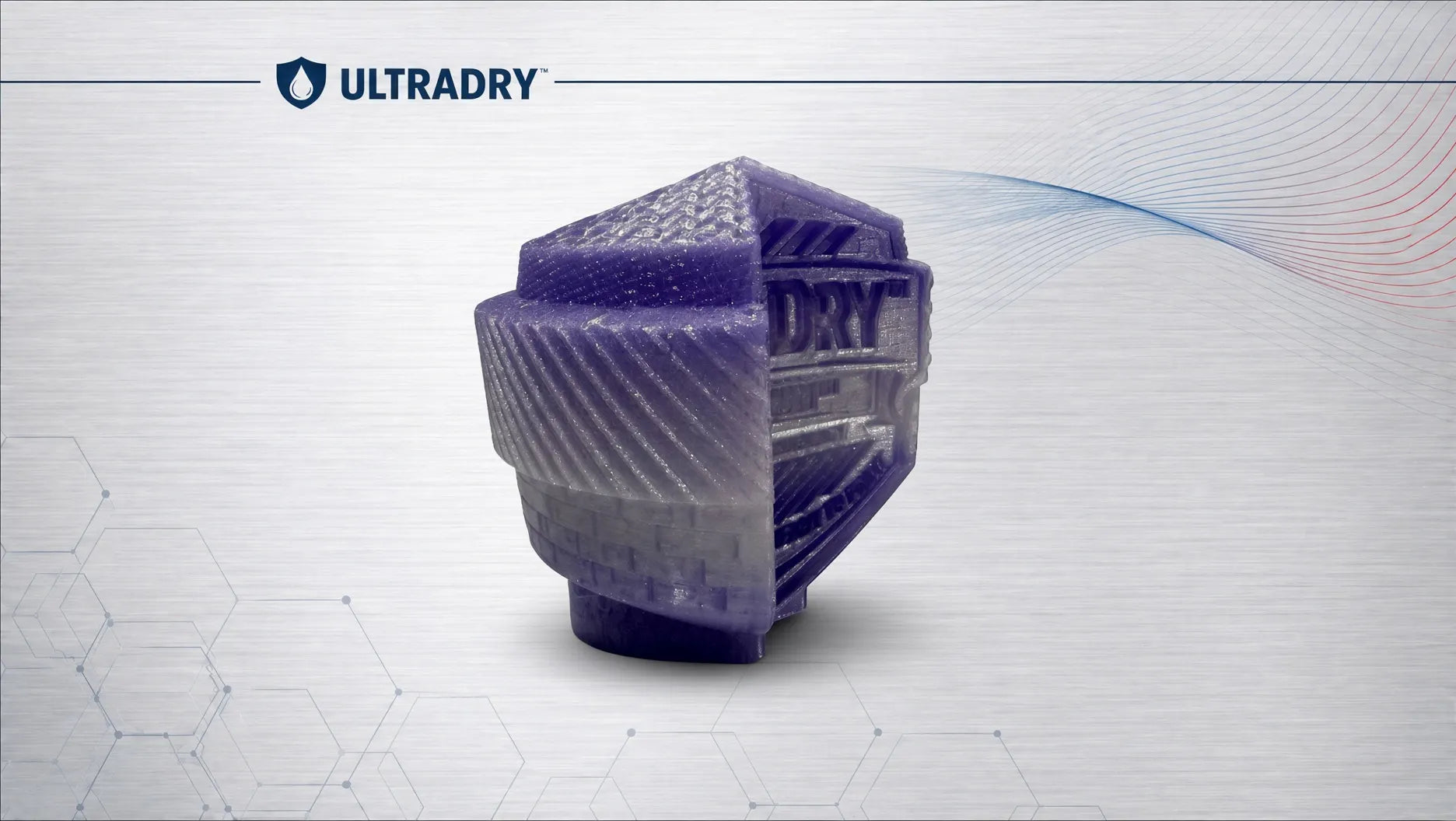 Translucent purple UltraDry emblem block 3D printed in Rainbow Crystal Grape PETG