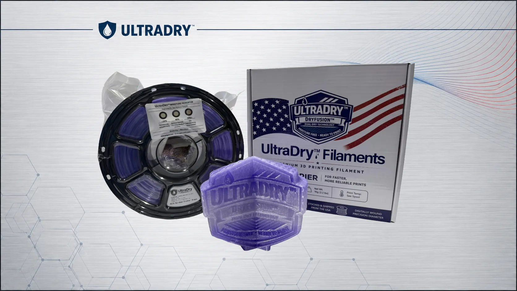 Rainbow Crystal Grape PETG spool, purple printed emblem and UltraDry Filaments box