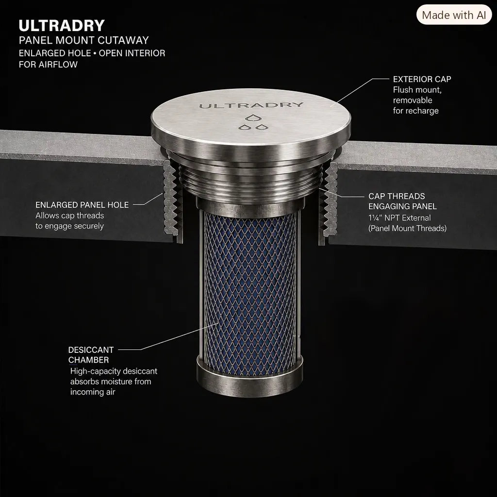 ULTRADRY premium stainless steel desiccant holder panel mount cutaway view of a dehumidifying filter with callout labels showing the exterior cap, enlarged panel hole, cap threads, and desiccant chamber on a dark background.