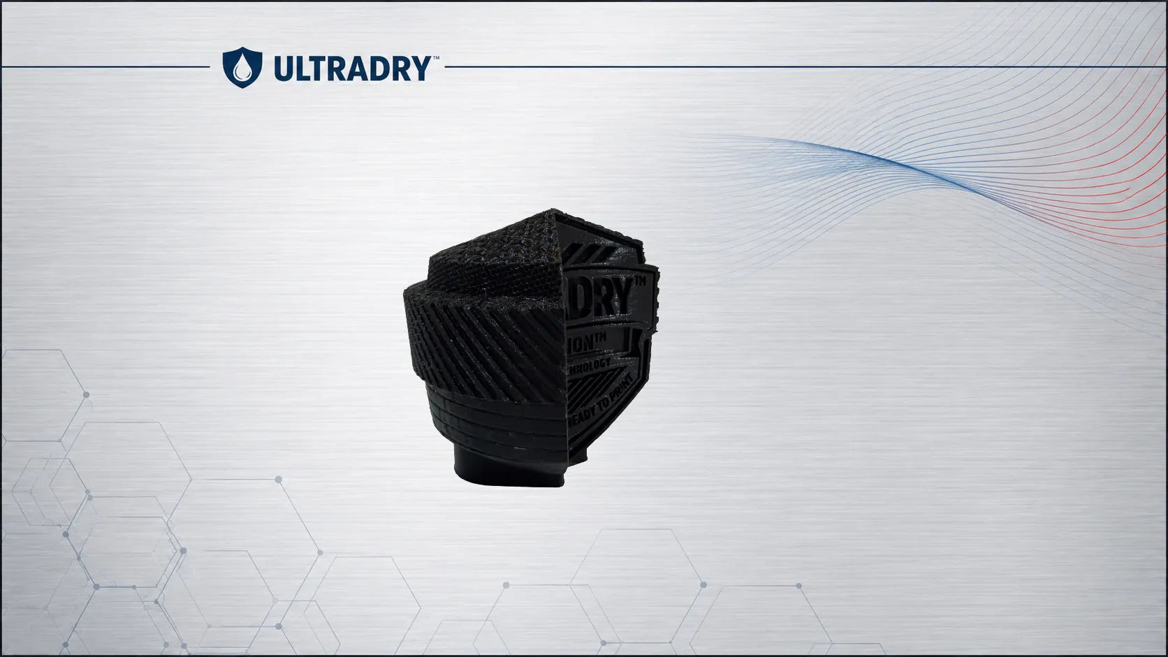 A very deep black textured sculpture with multiple texture finishes 3D Printed from premium UltraDry Double Black PETG filament, shown on a light gray background with the ULTRADRY brand logo at the top left.