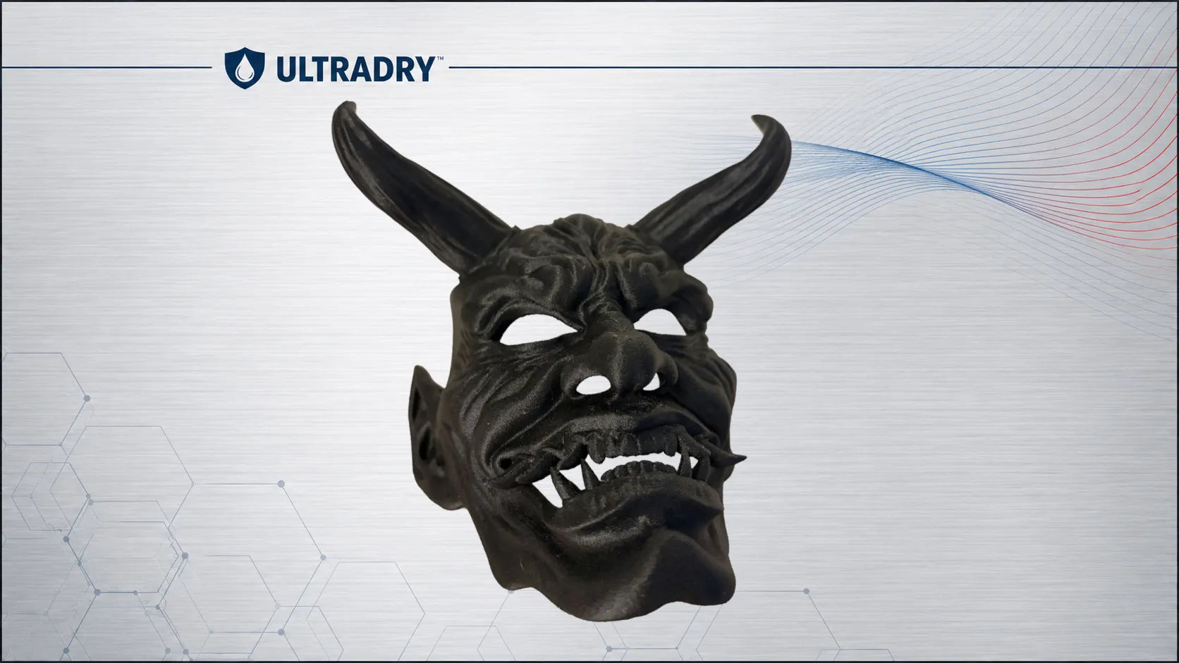 Black horned demon mask with fangs 3D printed in Glass Fiber Black PETG-GF