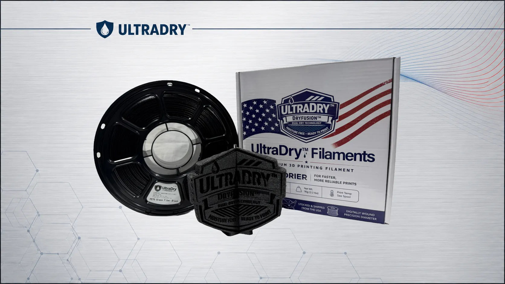 Glass Fiber Black PETG-GF spool, black printed emblem and UltraDry Filaments retail box