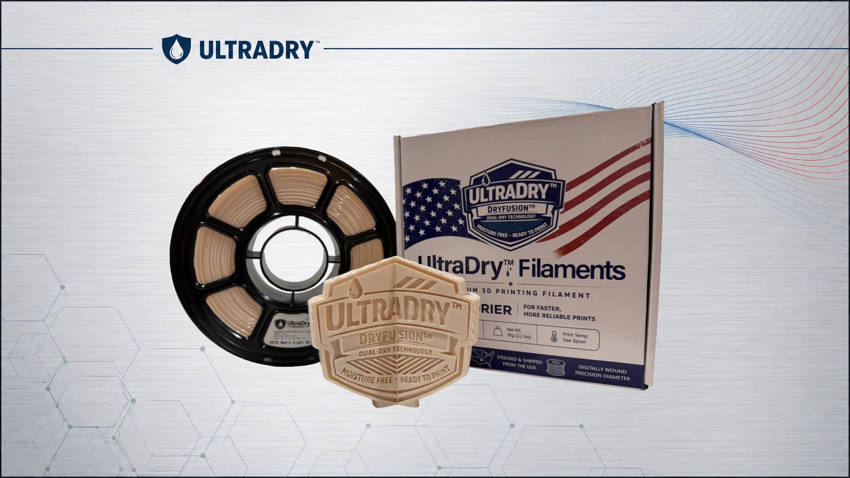 Basic Light Skin PETG spool, printed UltraDry emblem and UltraDry Filaments retail box