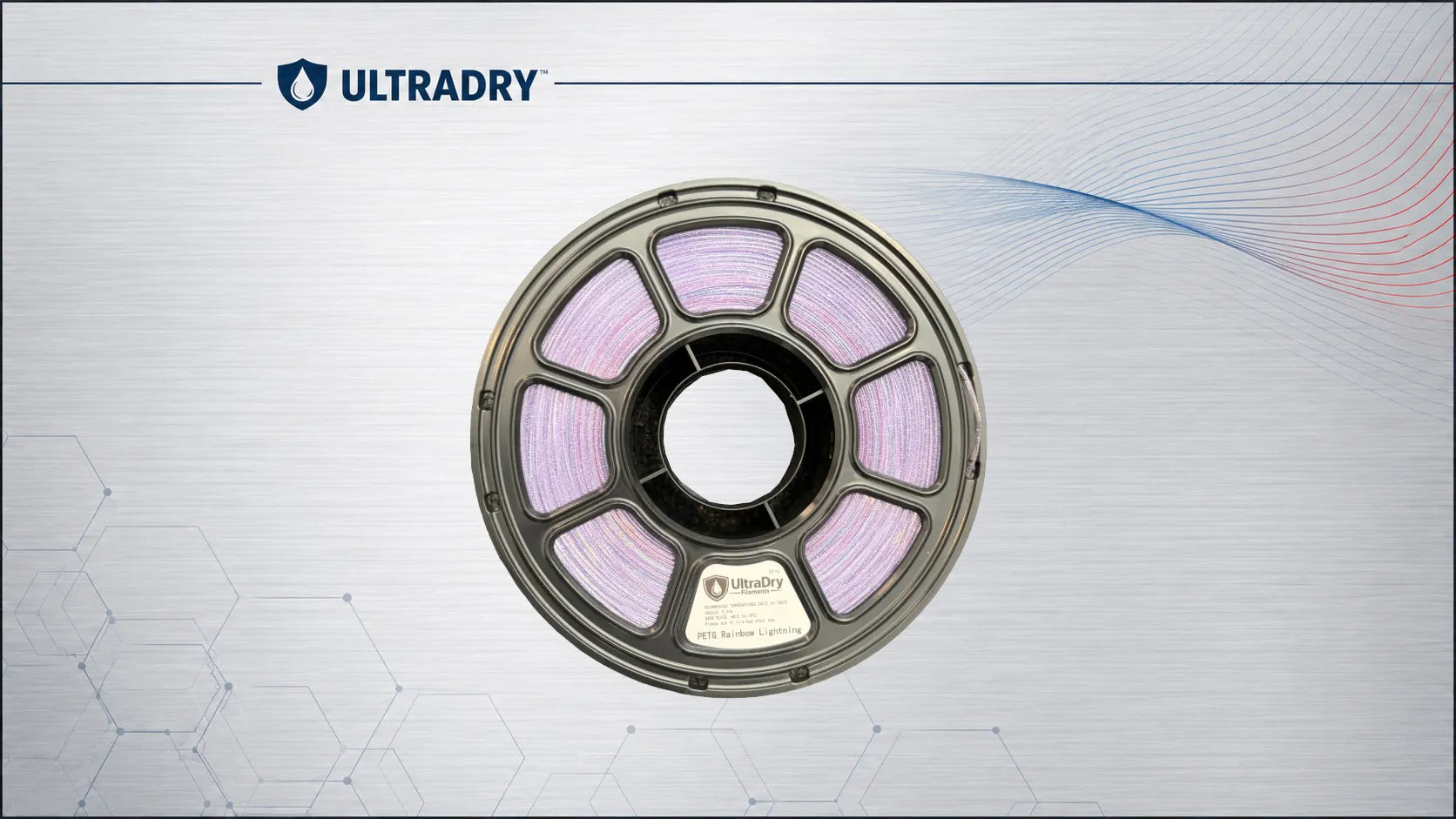 Spool of premium UltraDry Rainbow Lightning purple and blue PETG 3 D printer filament on a technical background. 