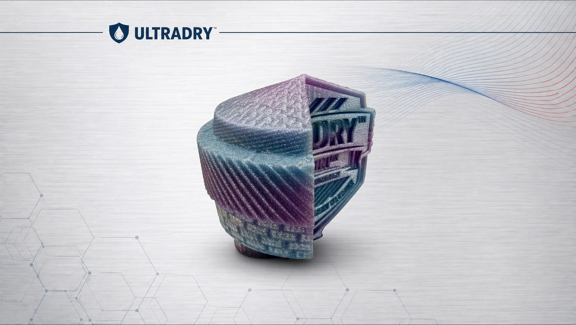 A rainbow lightning textured ULTRADRY hero trophy shown on a white background with the ULTRADRY logo centered above it.