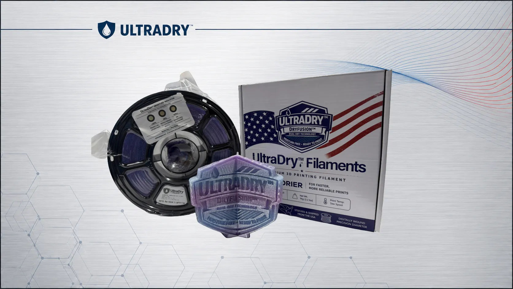 ULTRADRY premium Rainbow Lightning purple and blue PETG 3D printer filament spool and its retail box on a light gray patterned background with the ULTRADRY logo at the top and a printed sculpture made from this material sitting in the front.