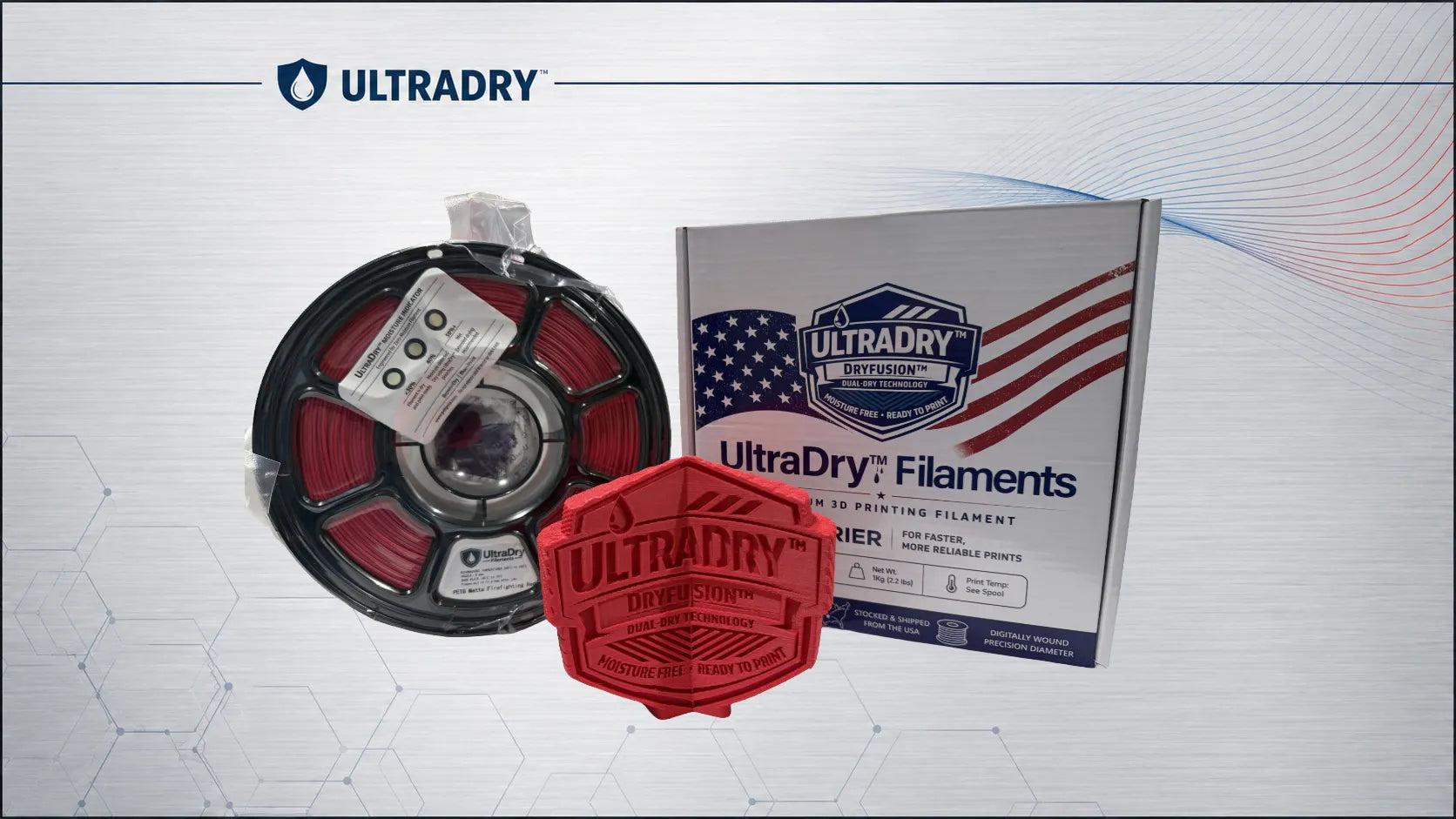 Matte Firefighting Red PETG spool, red printed emblem and UltraDry Filaments retail box
