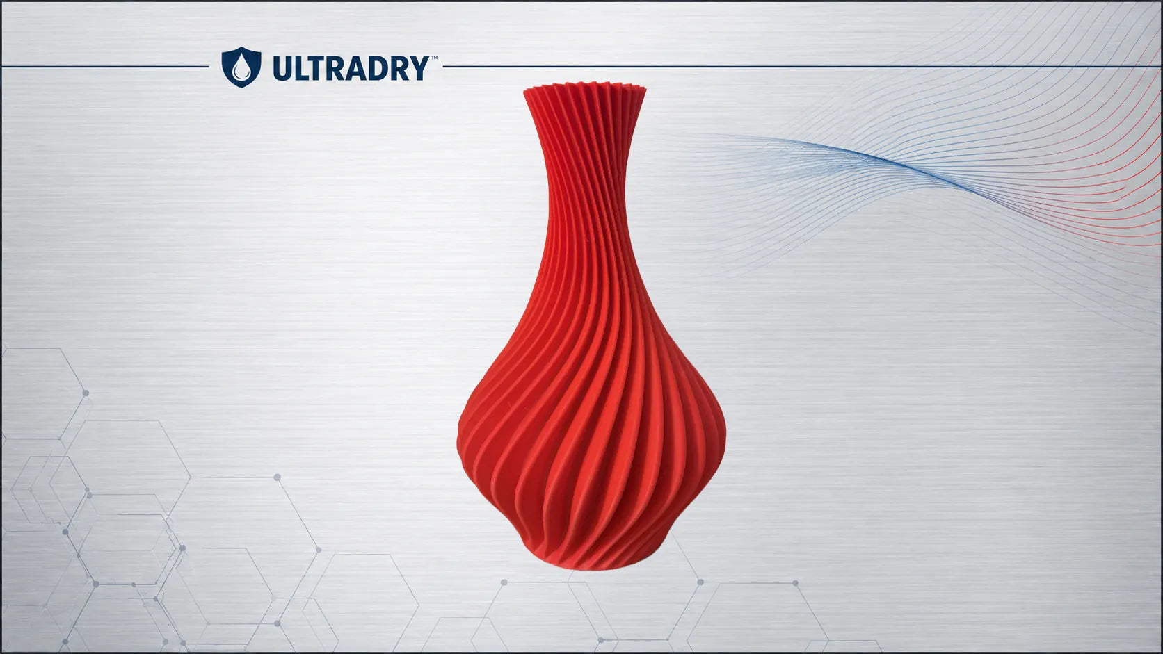 Twisted spiral vase in Matte Firefighting Red PETG on an UltraDry background