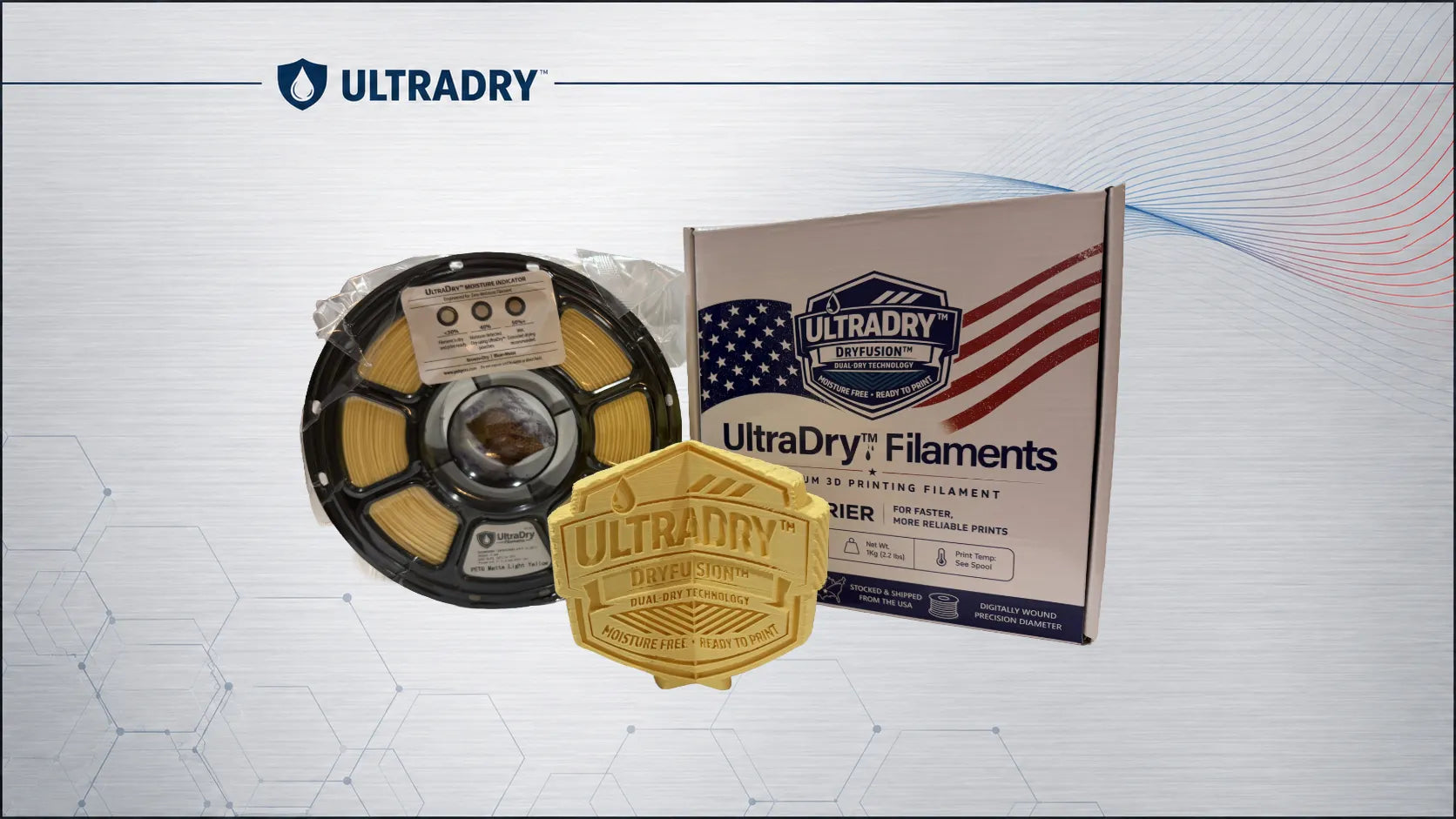 Matte Light Yellow PETG spool, printed UltraDry emblem and UltraDry Filaments retail box