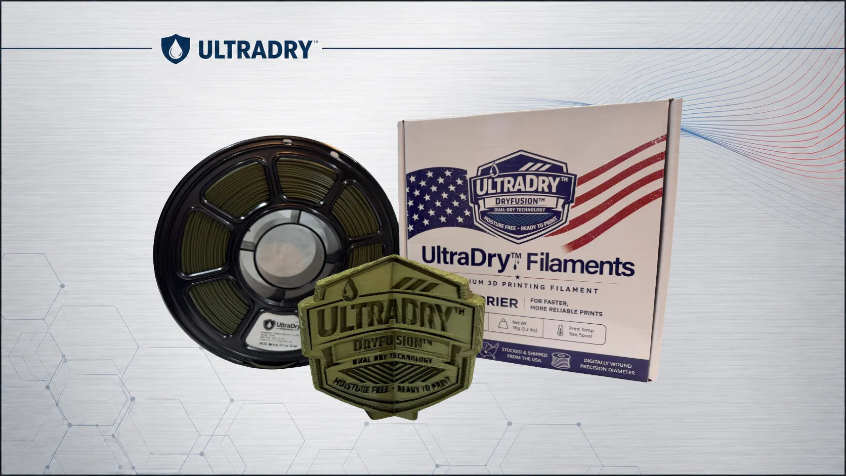 Premium Matte Olive Drab PETG 3D Printer filament spool, sample part, and UltraDry packaging box on a technical gray background. 