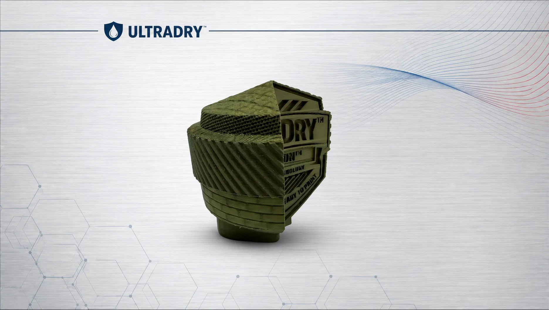 Olive drab textured UltraDry emblem block 3D printed in Matte Olive Drab PETG