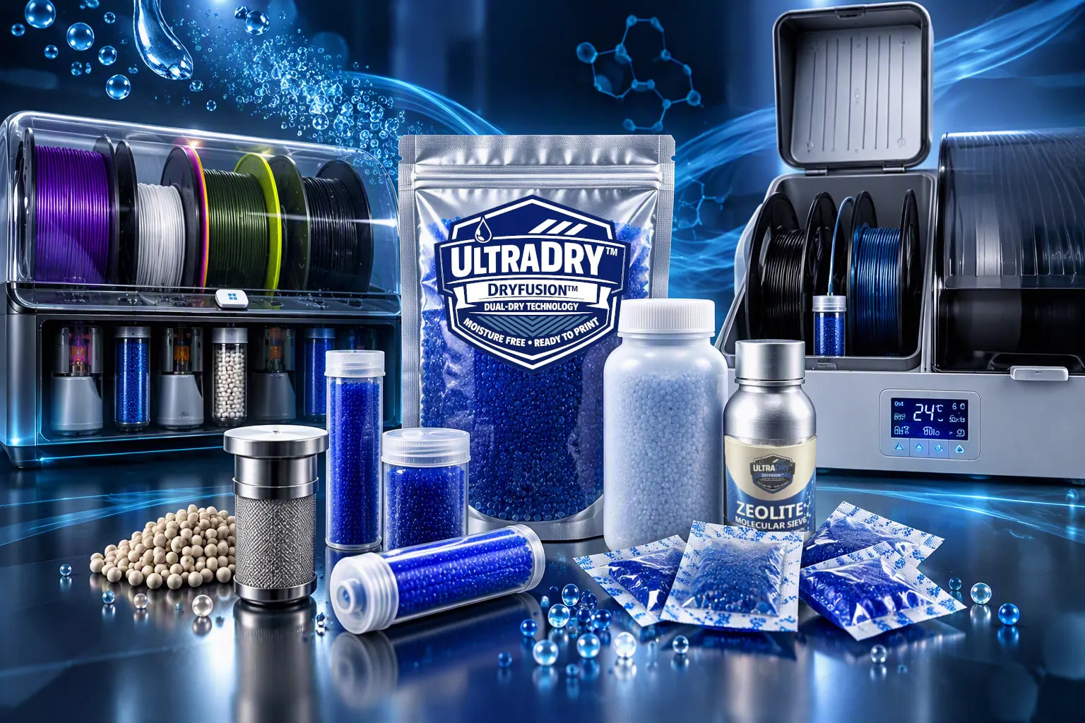 UltraDry moisture control products: desiccant beads, cartridges and zeolite with filament spools and dryer