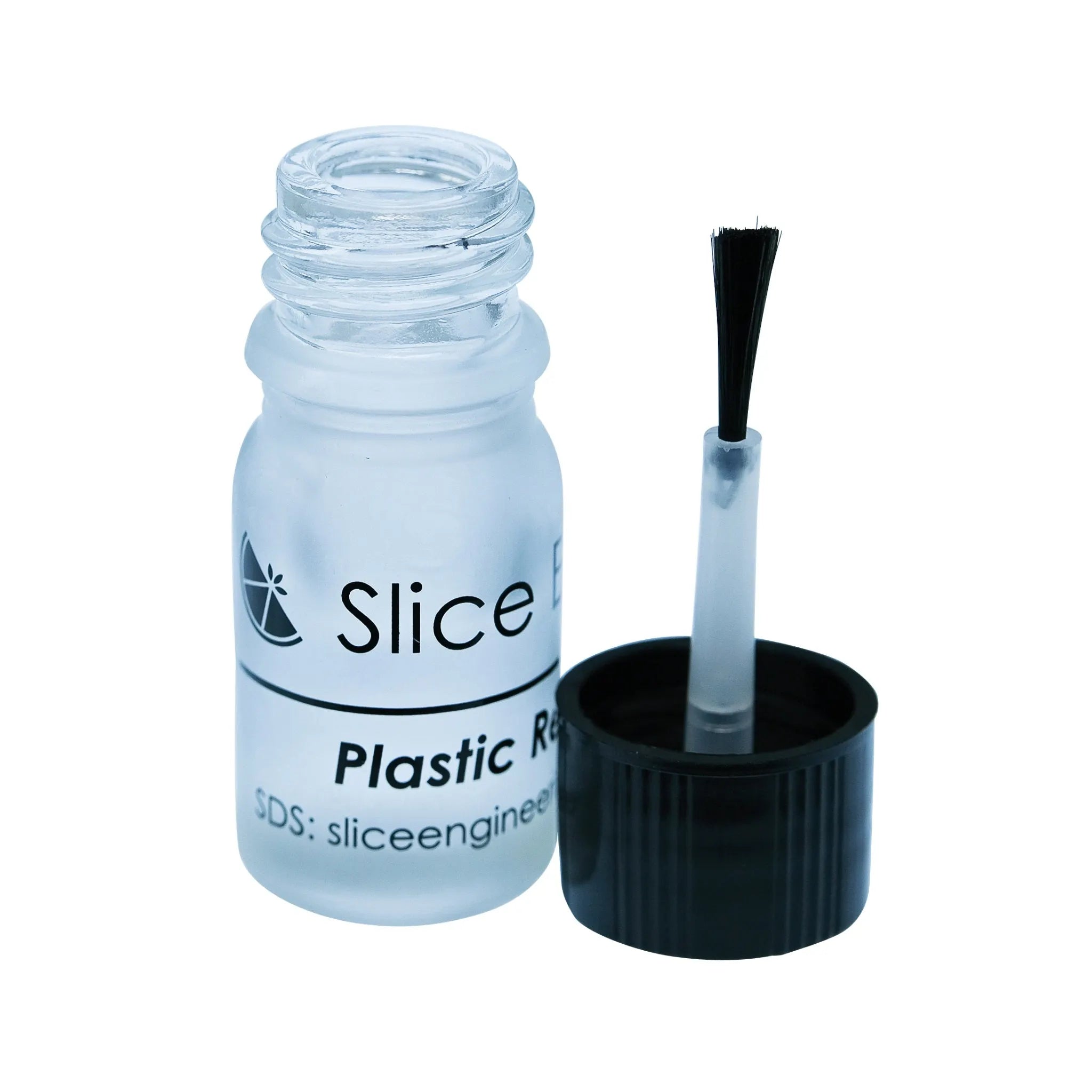 A small clear plastic bottle of Slice Engineering Plastic Repellent paint with its black cap removed and a clear brush applicator standing in the cap, on a white background.