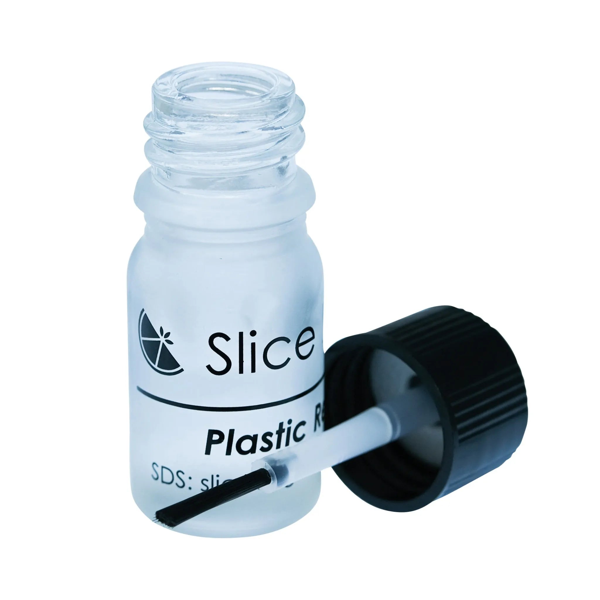 A small clear plastic bottle of plastic repellent paint for 3D Printer nozzles with black print standing against a white background.