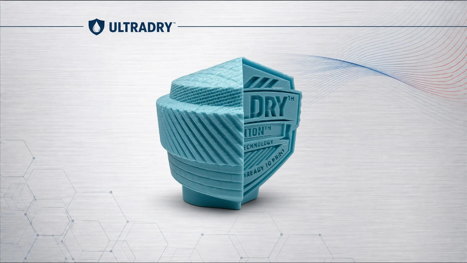 Sky Blue 3D Printed sculpture that says UltraDry against an UltraDry background.  