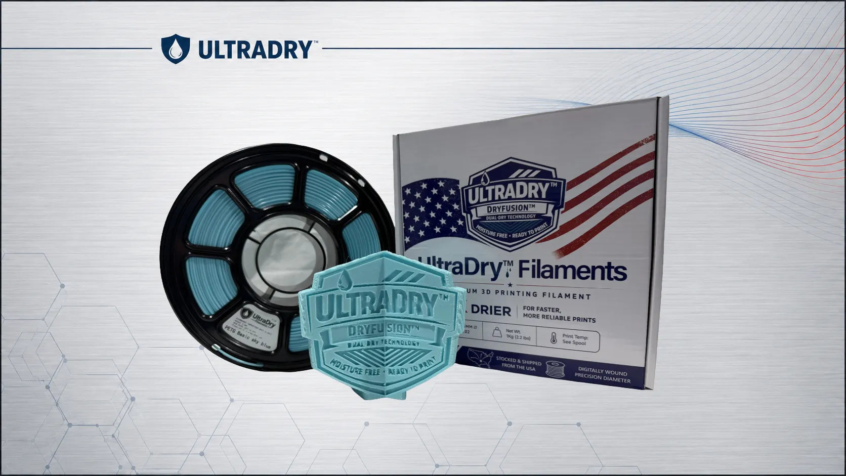 Premium UltraDry Sky Blue Basic PETG 3D Printer filament spool, packaging and printed sample against a technical background. 