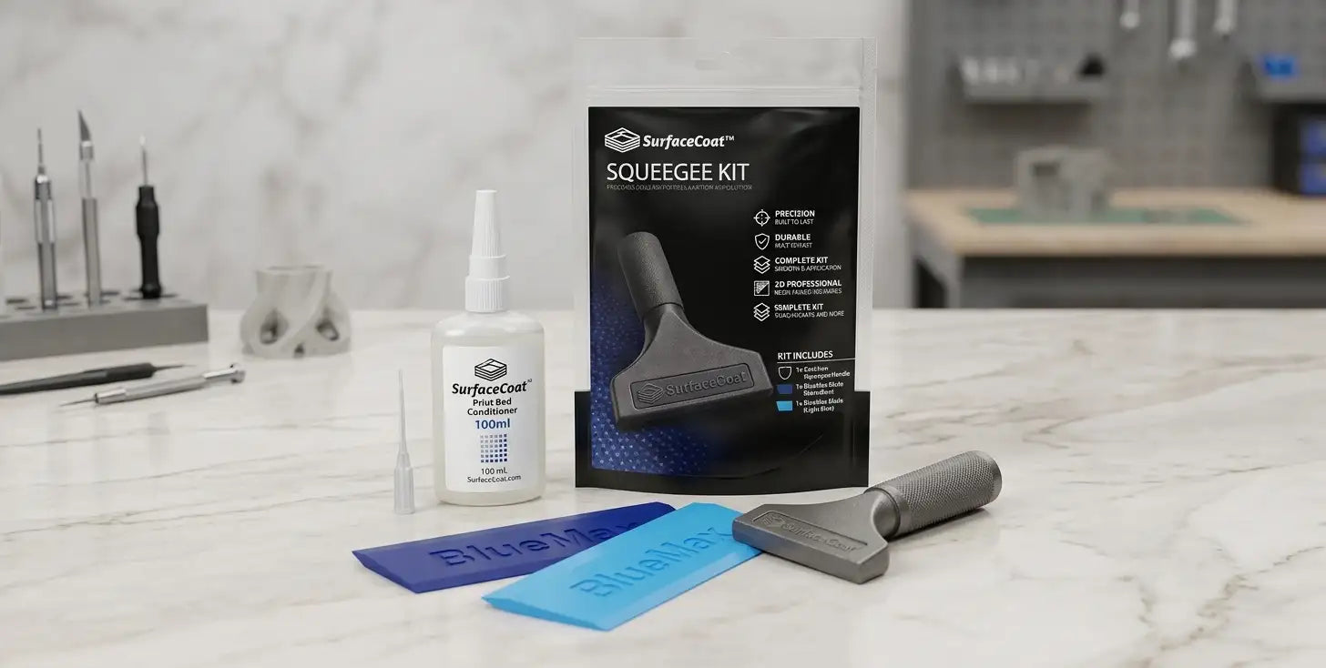 HIgh end 3D printing accessories by SurfeCoat.  Squeegie Kit with a black branded pouch, a white bottle of 3D Print Bed Conditioning Adhesive, blue rubber blades, and a black cast aluminum squeegee tool arranged on a marble countertop in a kitchen setting.