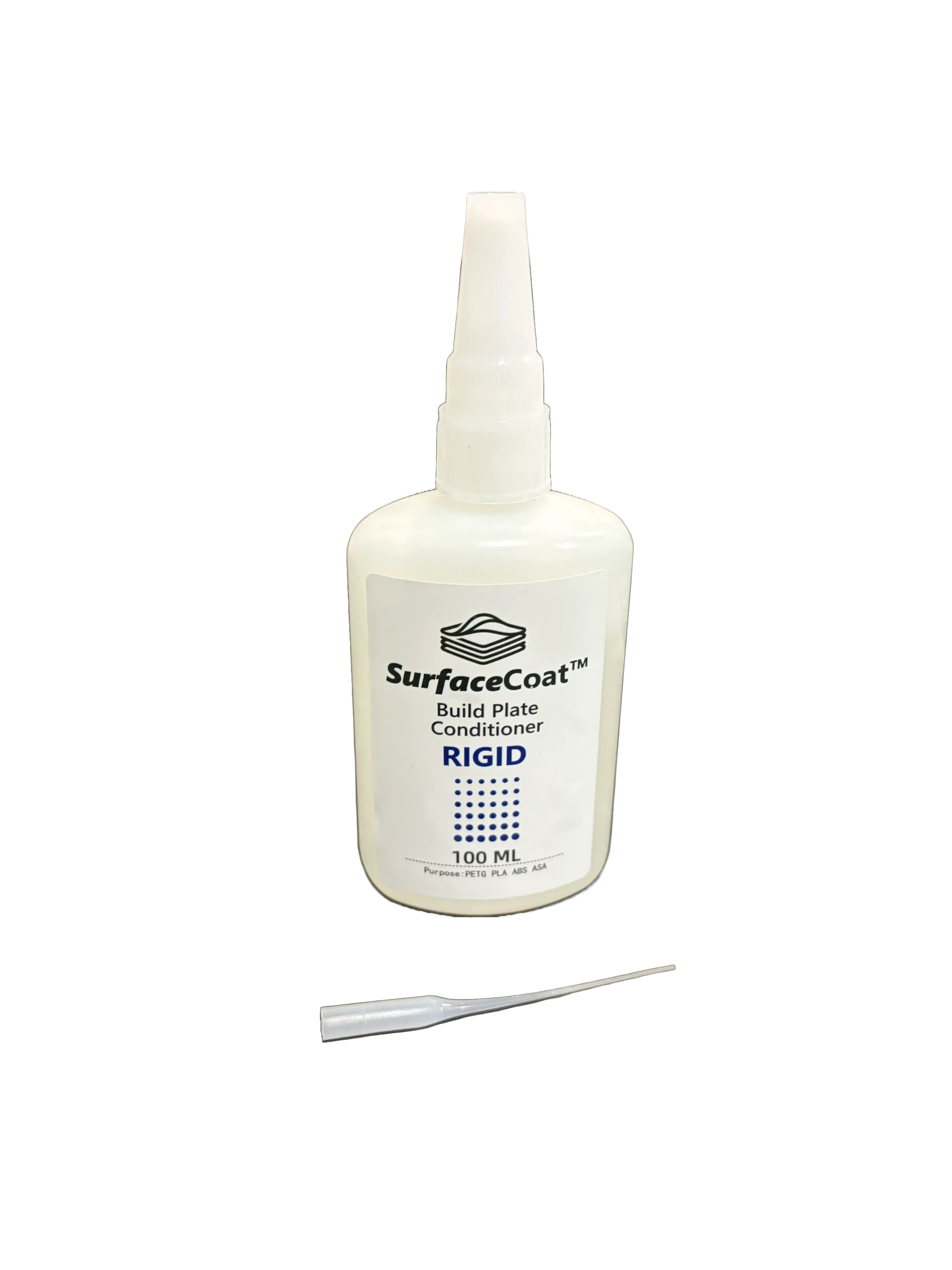 A 100 mL bottle of SurfaceCoat Build Plate Conditioner RIGID with a white applicator tip placed below it on a plain white background.