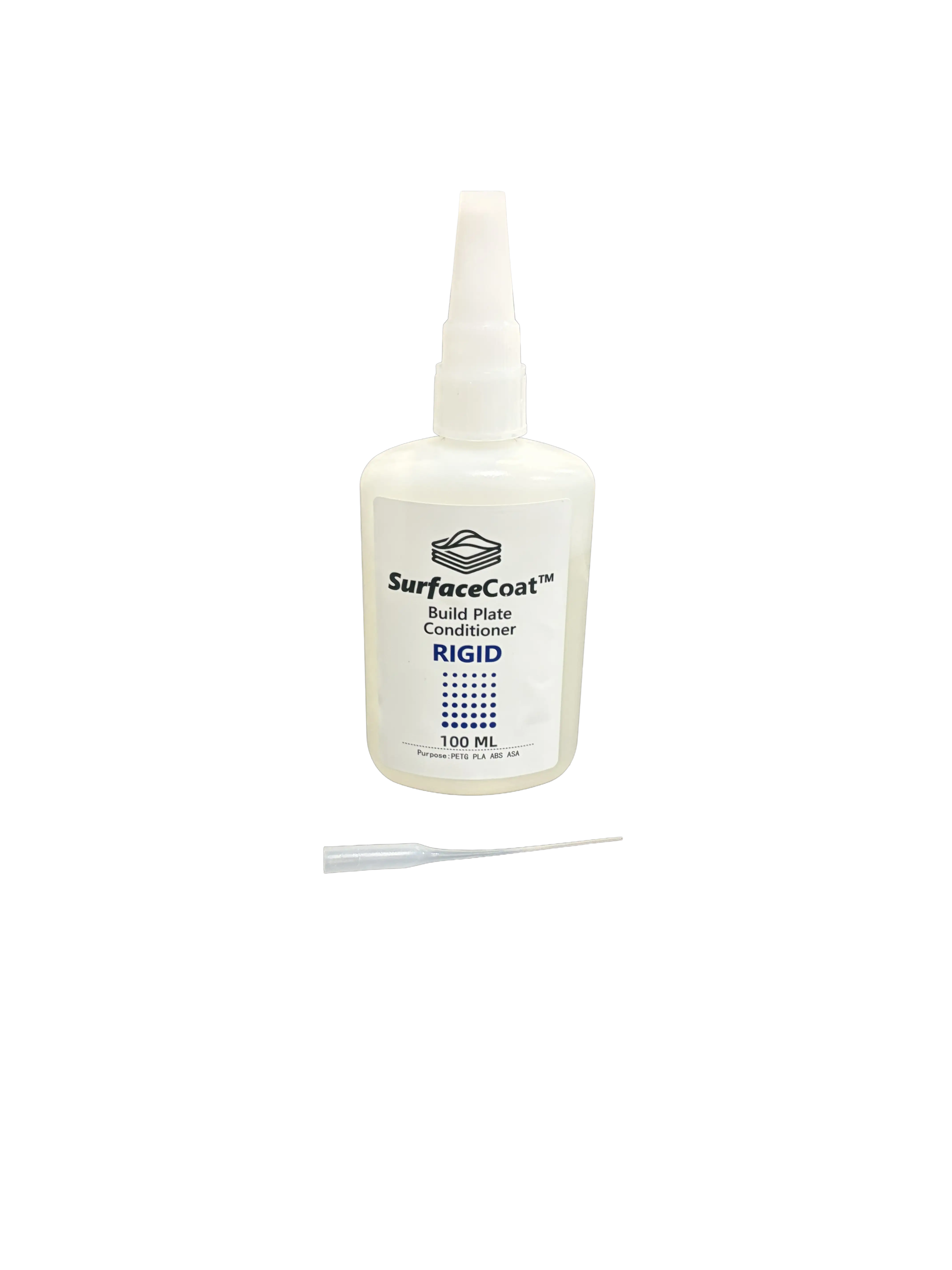 A 100 mL bottle of SurfaceCoast Rigid Build Plate Conditioner with a white applicator tip below it, isolated on a white background.