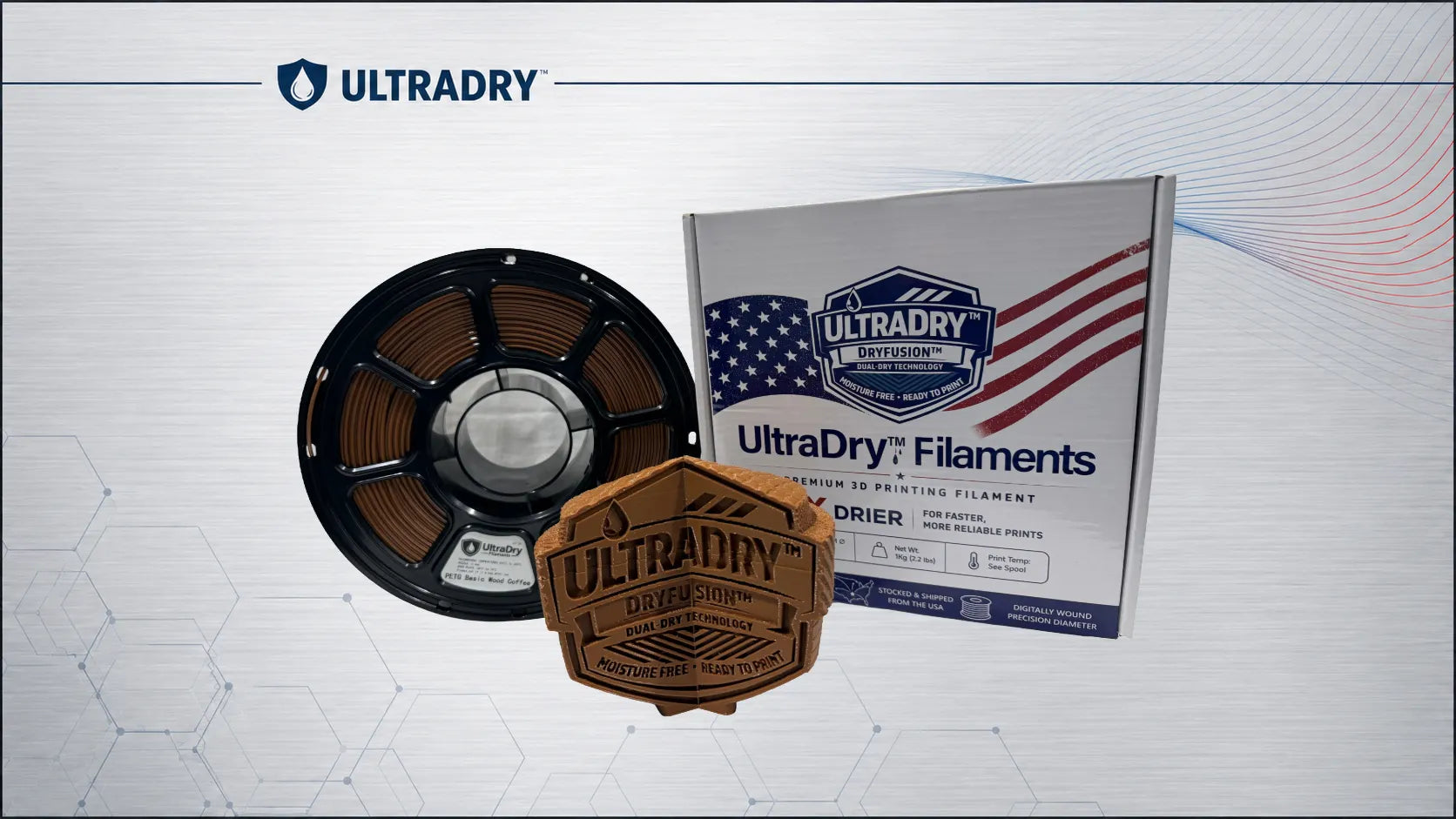 Basic Wood Coffee PETG spool, brown printed UltraDry emblem and UltraDry Filaments retail box